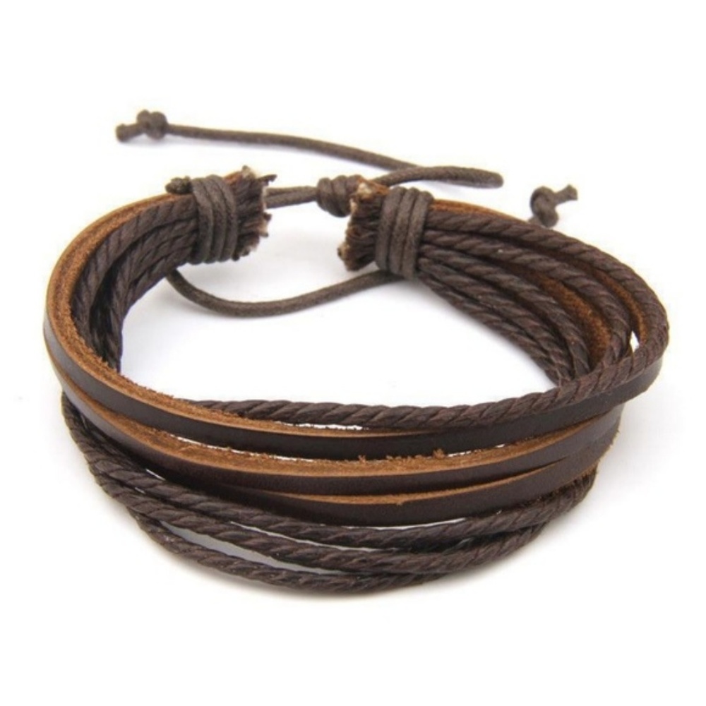 Brown or Black Unisex Layered Leather Tie Bracelet - Picture 4 of 8